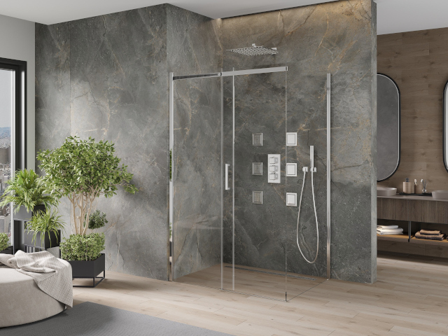 Azulejos de mármol oscuro en el baño