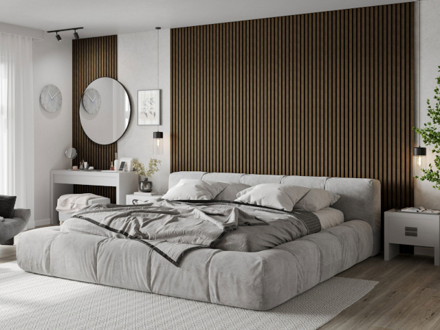 Dormitorio con paneles de nogal Mexen