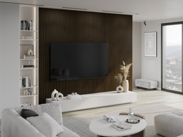 Lamelas de pared wenge en el salón