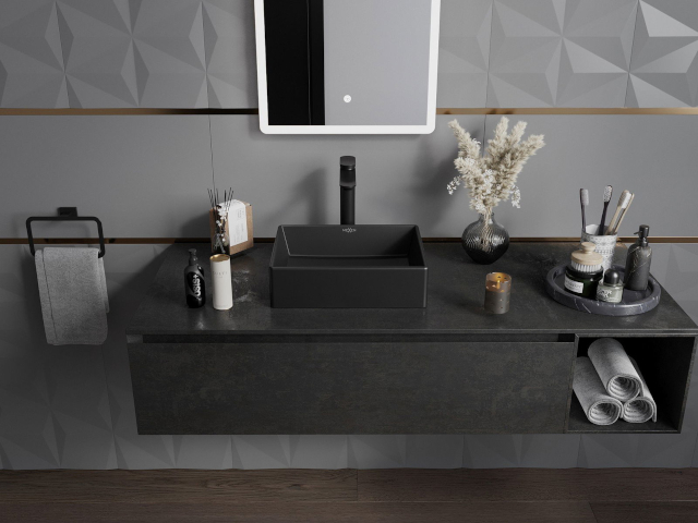 Armario de bajo fregadero negro elegante en la decoración del baño