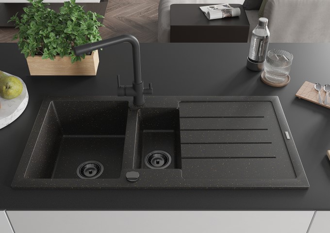 Fregaderos de granito negro/dorado metalizado