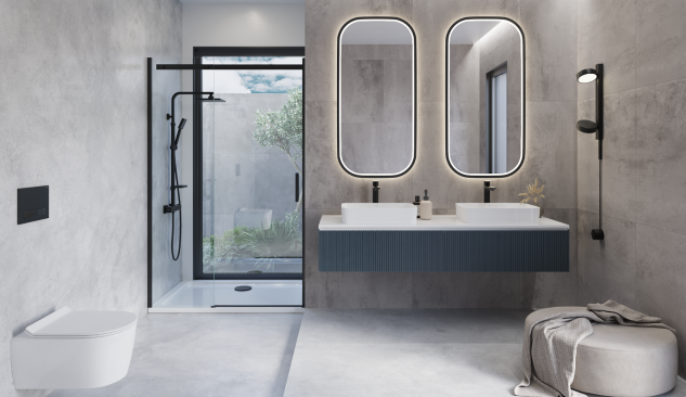 Baño moderno con dos lavabos sobre encimera