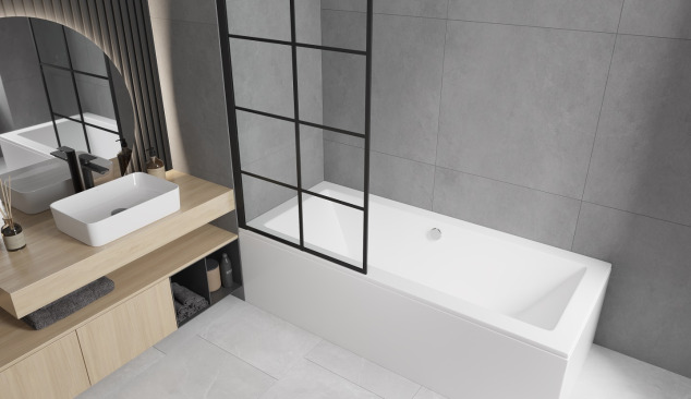 Bañera rectangular con mampara en estilo minimalista