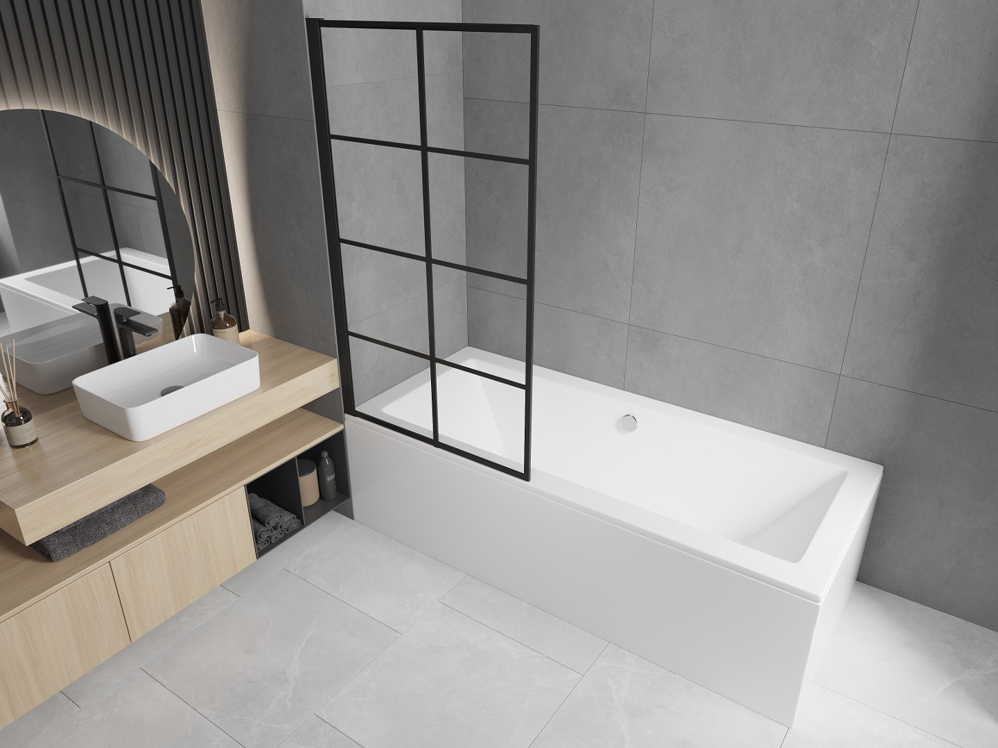 Bañera rectangular con mampara en estilo minimalista