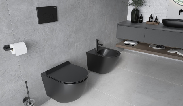 Moderno baño gris con accesorios negros