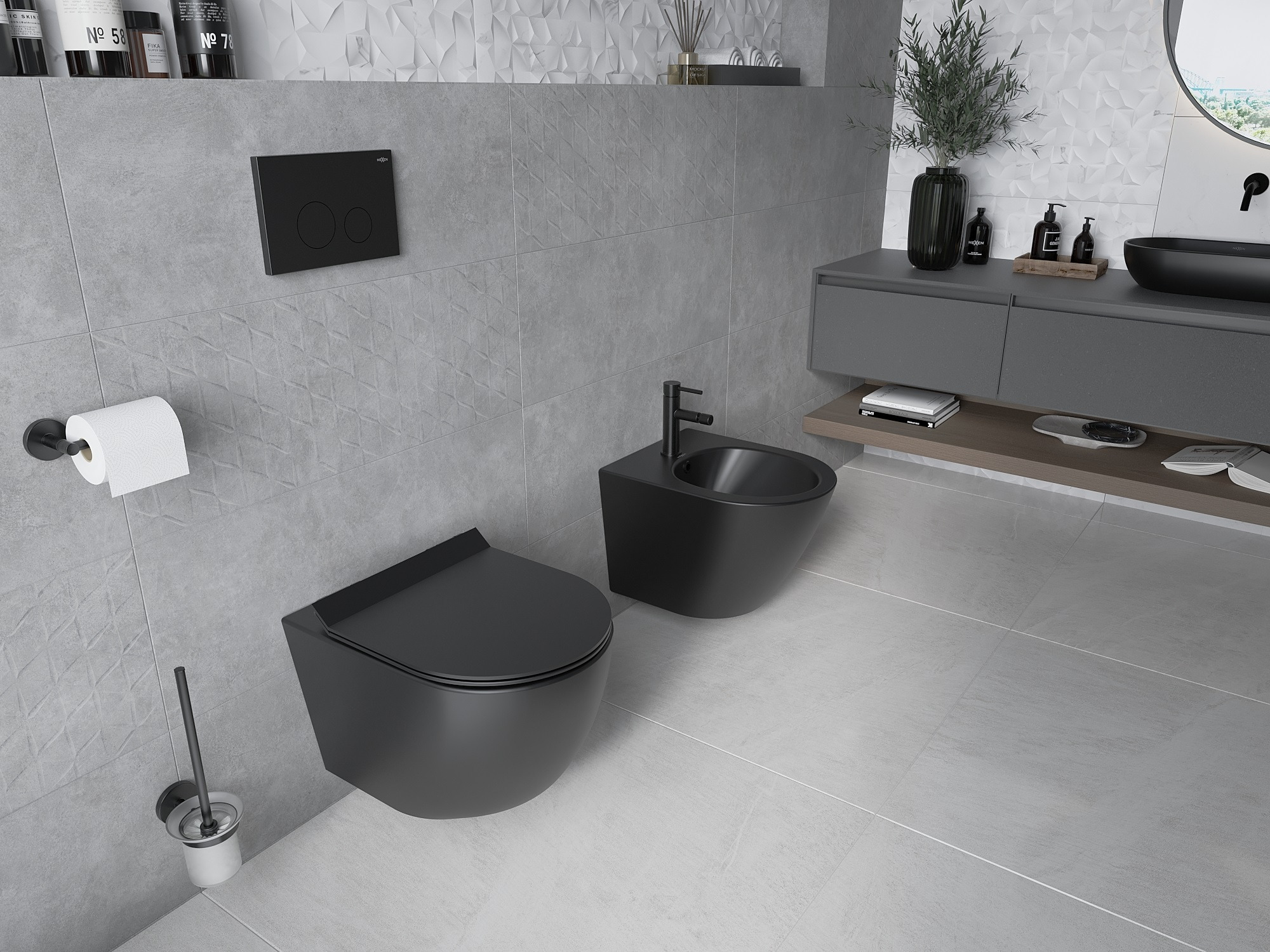 Moderno baño gris con accesorios negros