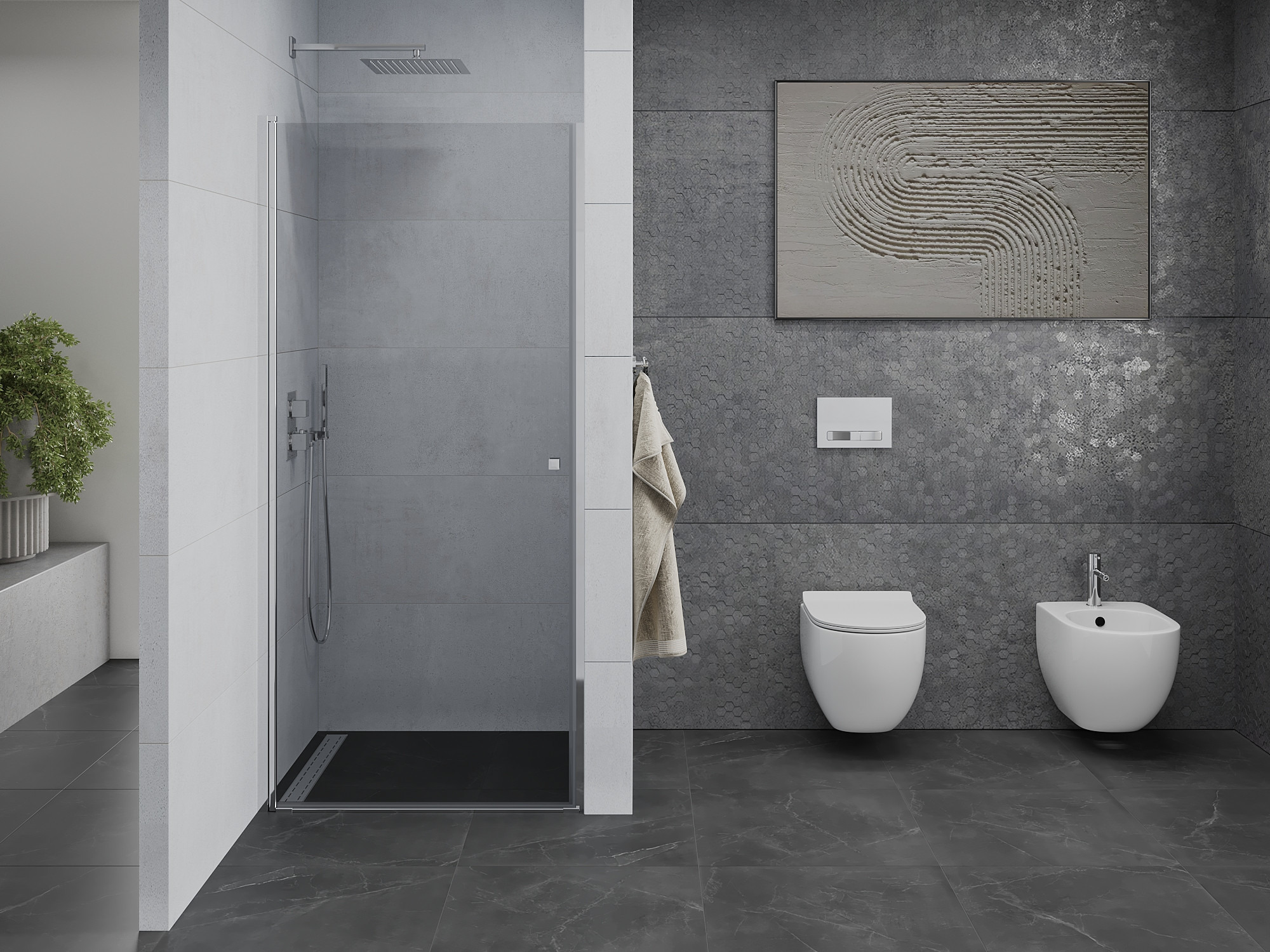 Amplio baño con puertas de ducha