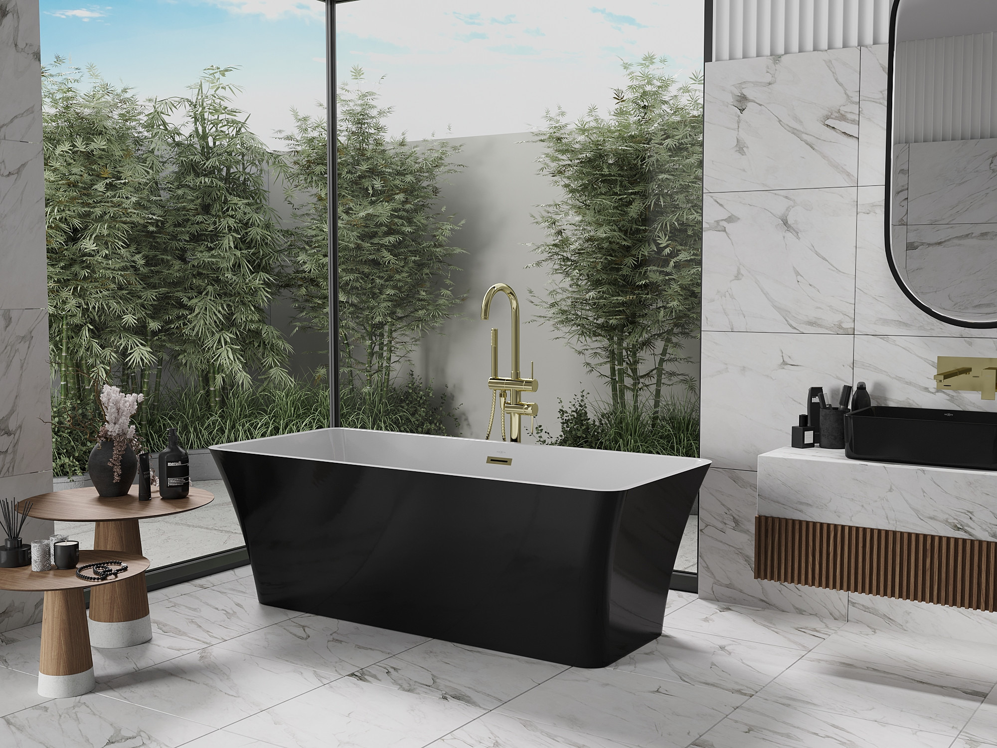 Combinación de negro y dorado en un baño de mármol