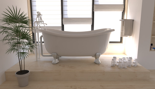 Suelo de madera en un baño blanco