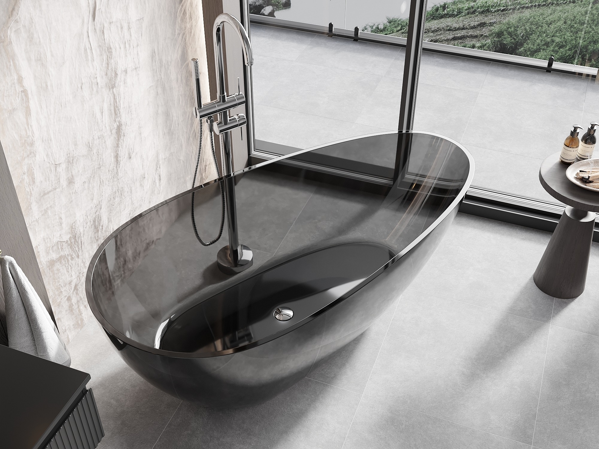 Bañera de resina transparente en el baño