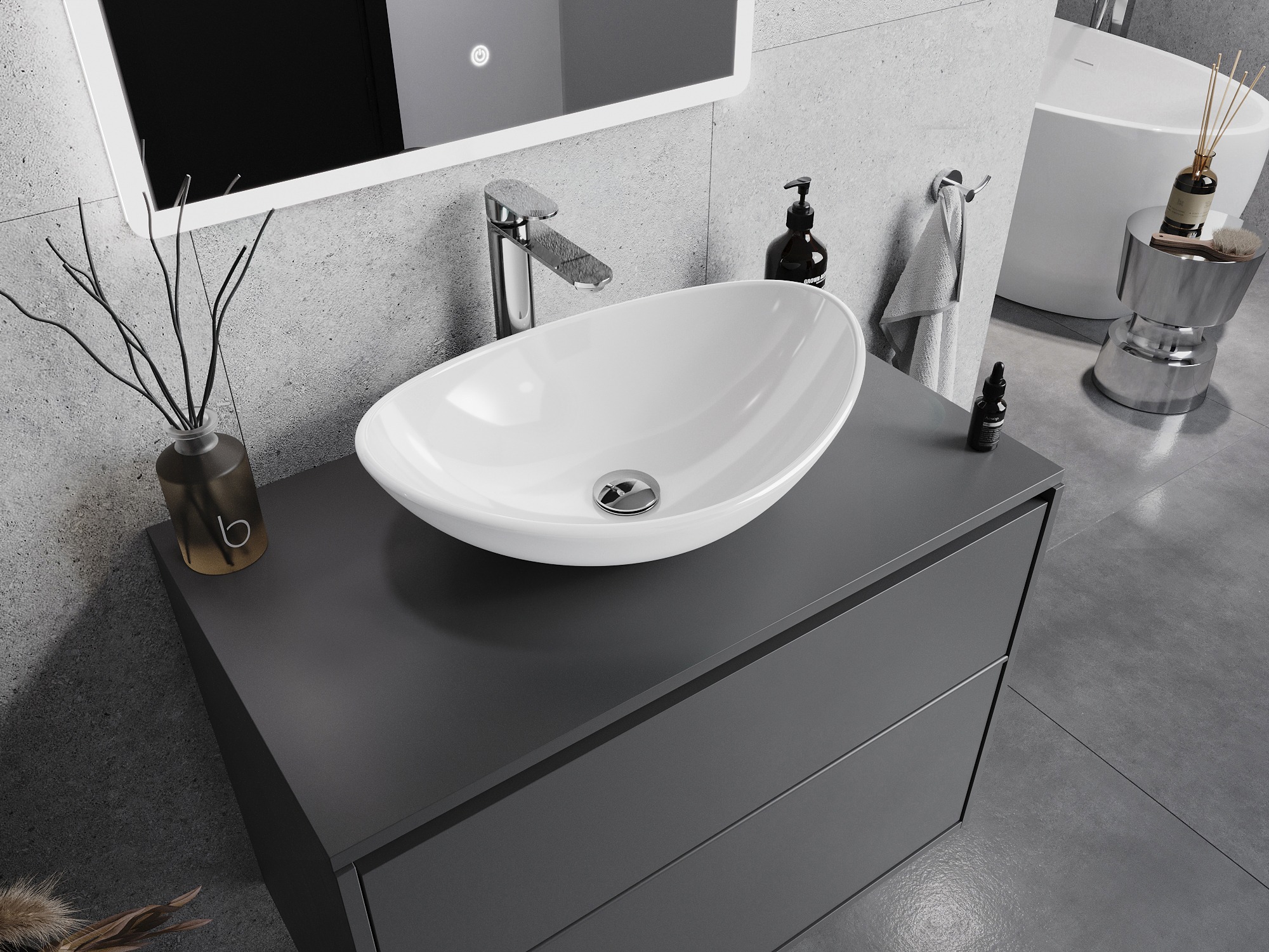 Moderno baño gris con lavabo blanco de vidrio