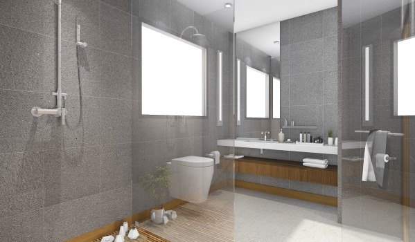 Baño elegante con sistema de ducha empotrado