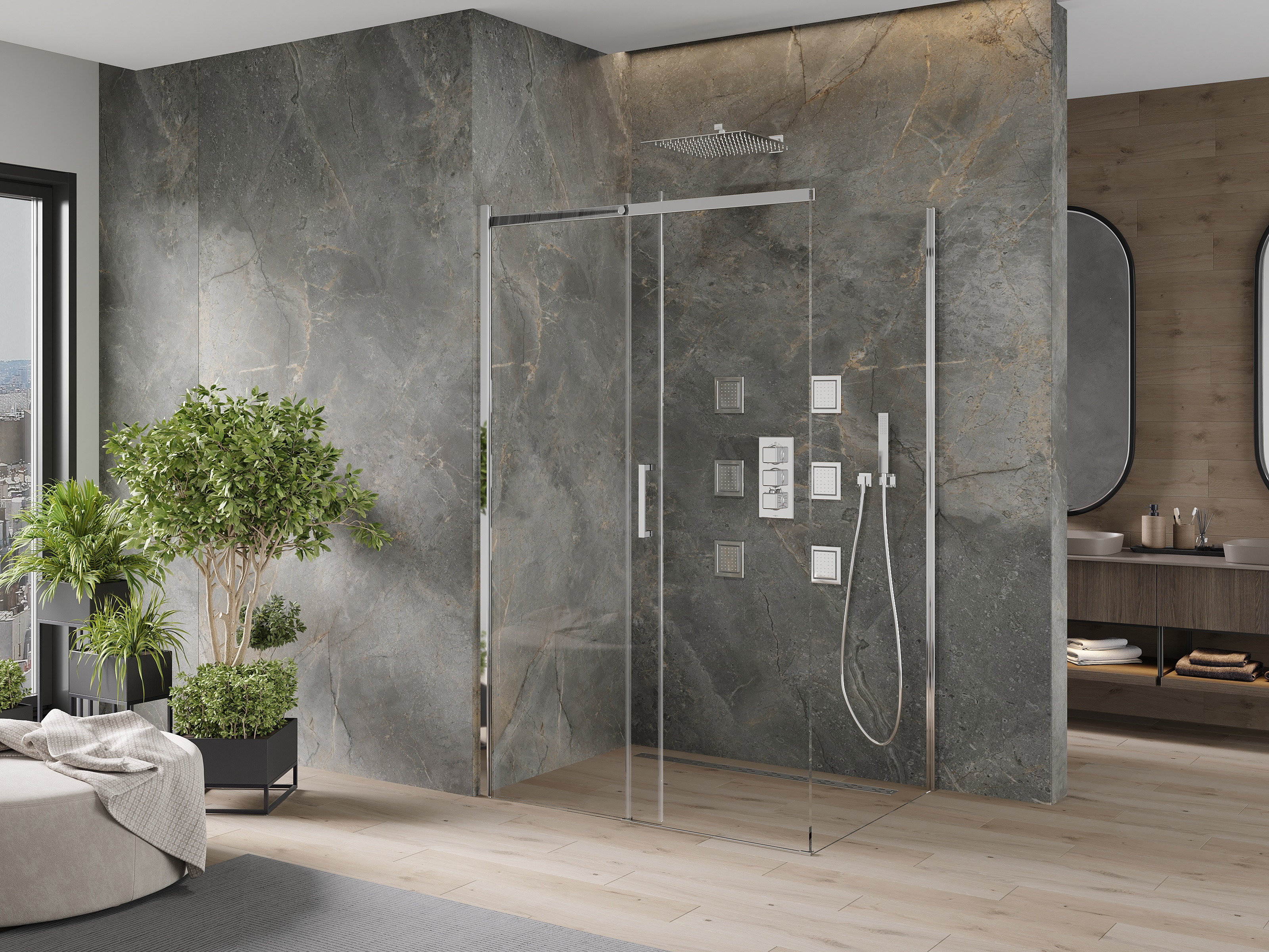 Cabina de ducha minimalista en piedra