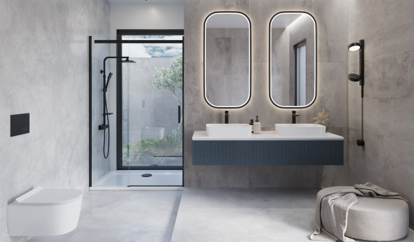 Moderno cuarto de baño con dos lavabos sobre encimera