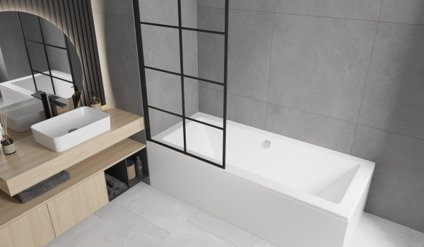 Bañera rectangular con pantalla en estilo minimalista