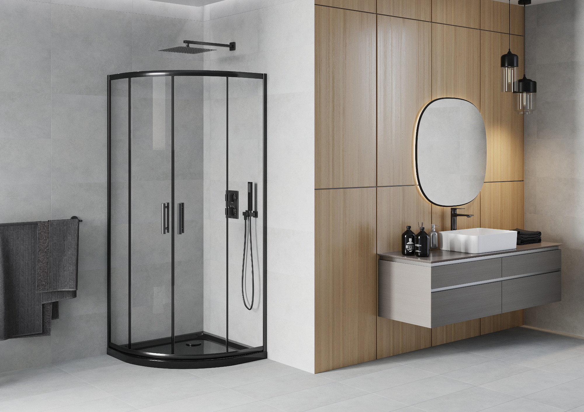 Cabina negra semicircular en estilo minimalista