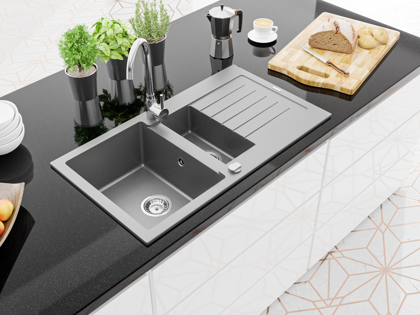 Blanco, negro, gris en la cocina moderna