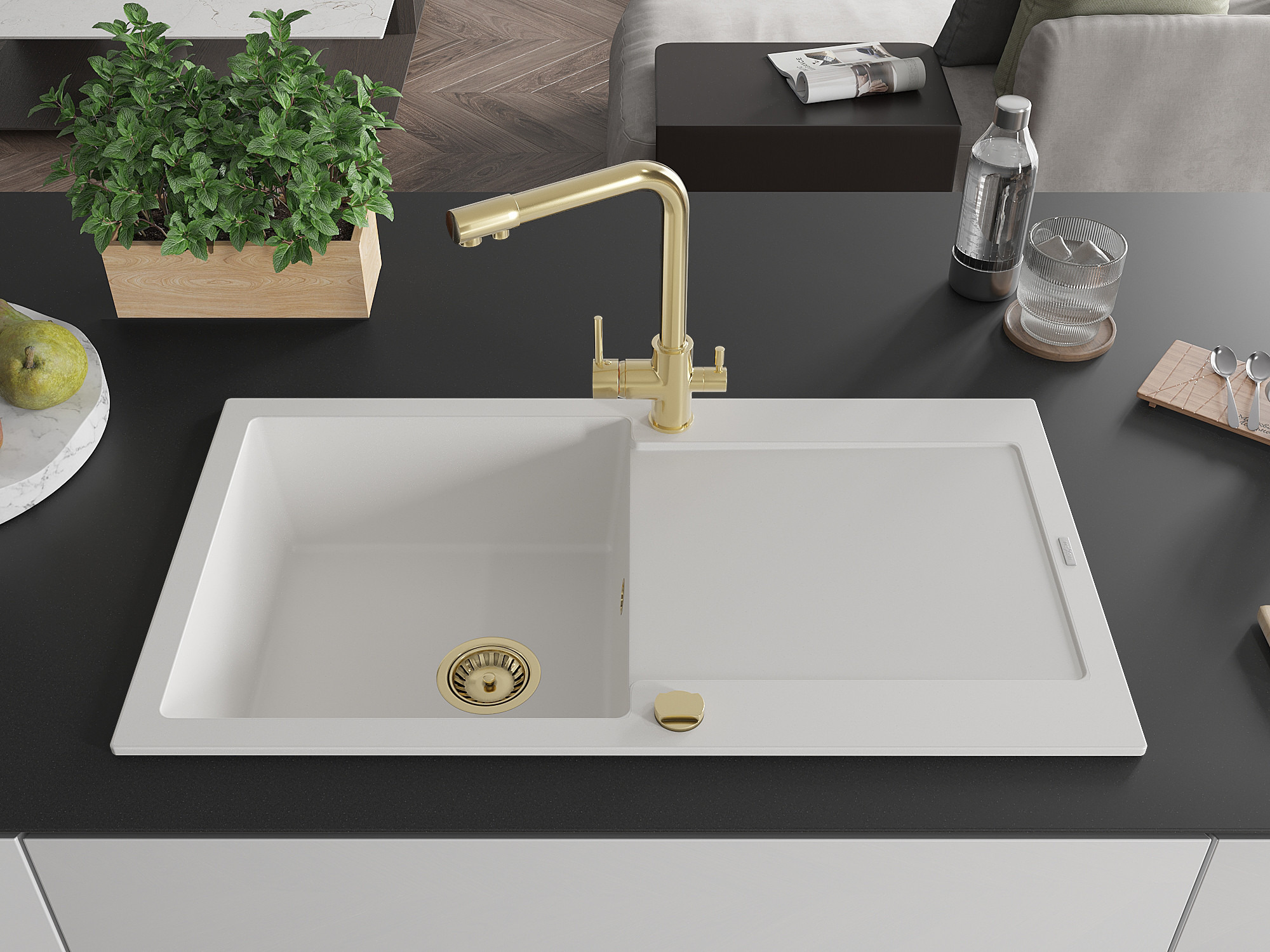 Grifo de cocina dorado y lujoso