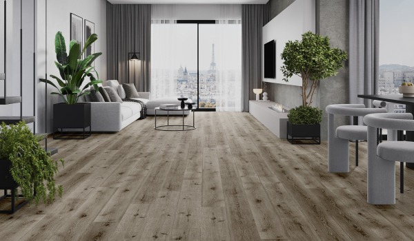 Salón moderno con suelo imitando madera