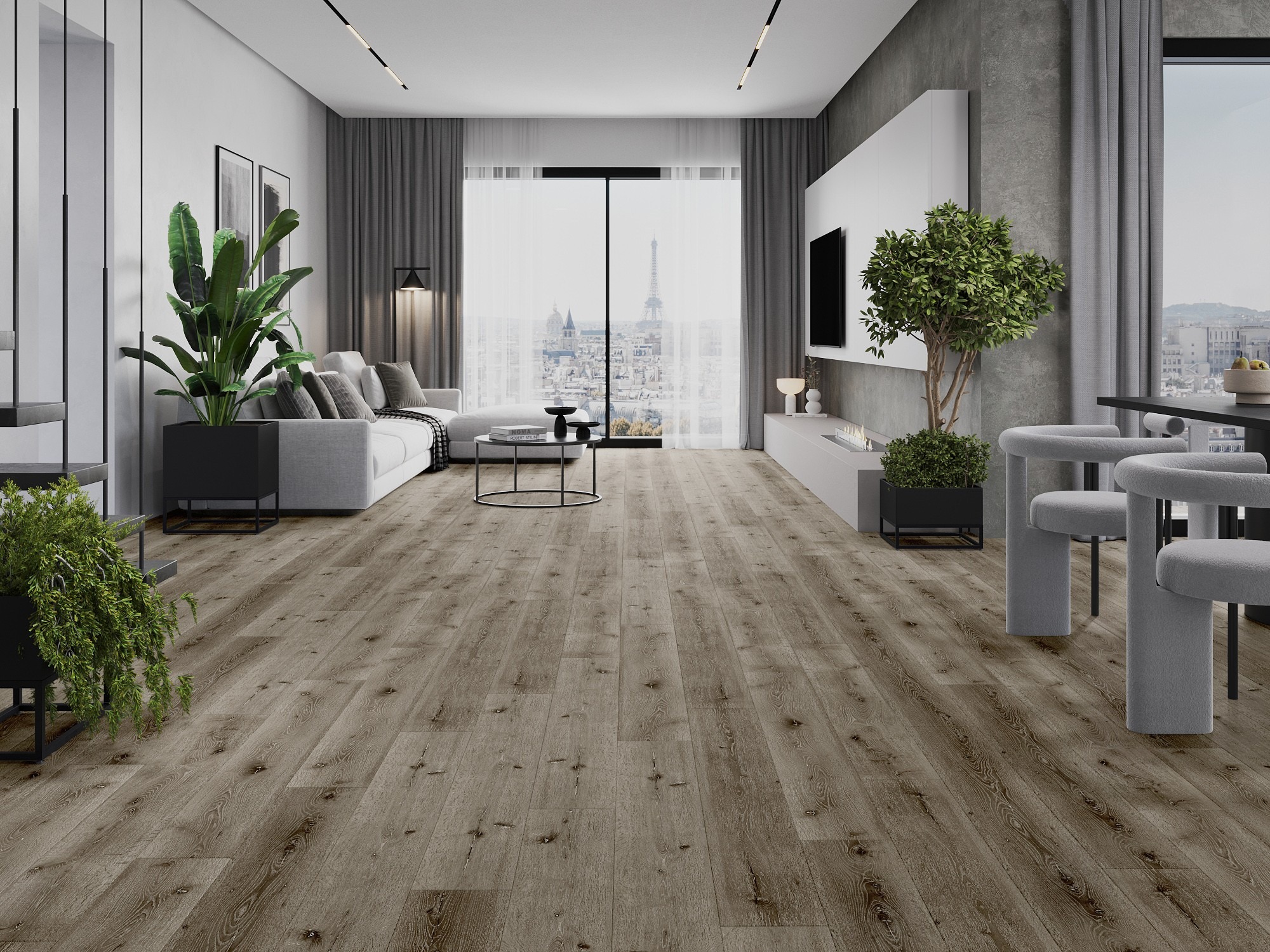 Salón moderno con suelo imitando madera